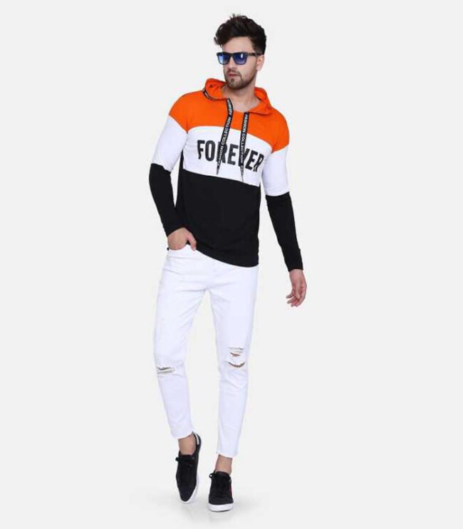 Men Hooded Neck Orange, White, Black T-Shirt - Image 3