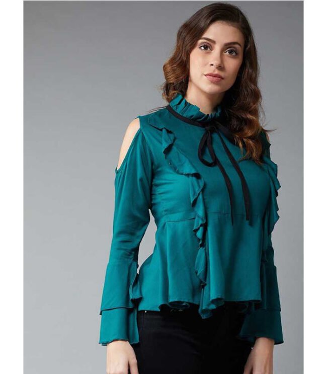 Casual Bell Sleeve Solid Women Green Top - Image 3