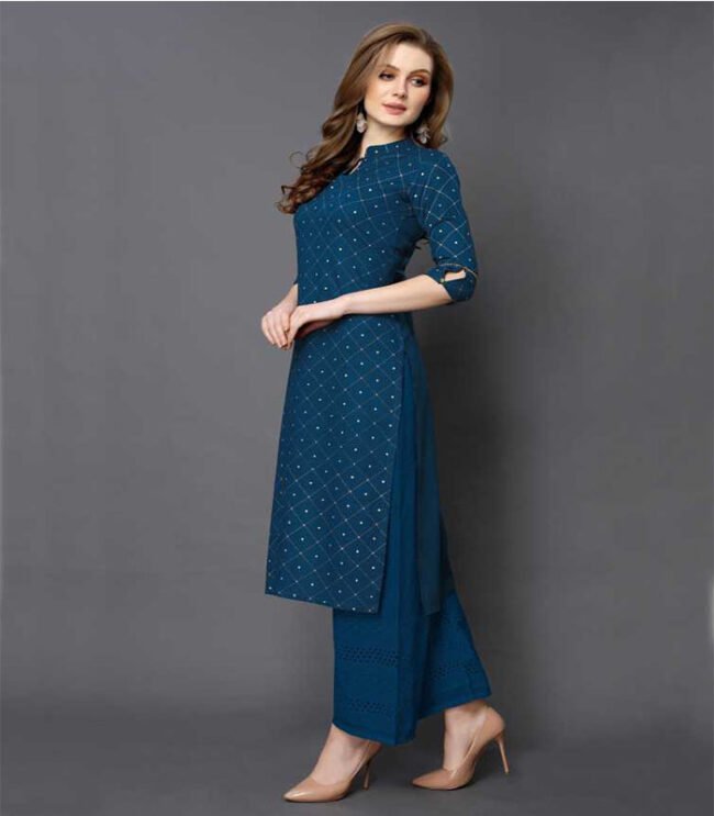 Saras Women Printed Rayon Straight Kurta  (Dark Blue) - Image 2