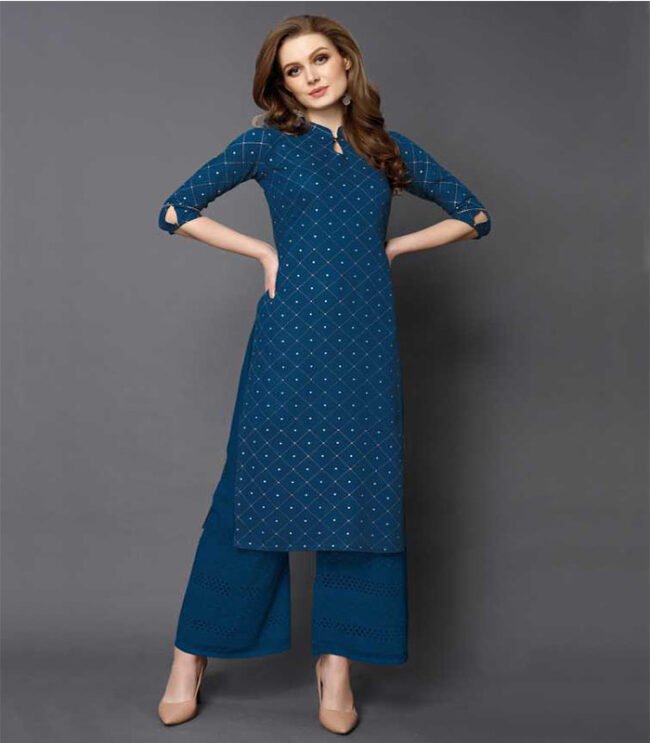 Saras Women Printed Rayon Straight Kurta  (Dark Blue)
