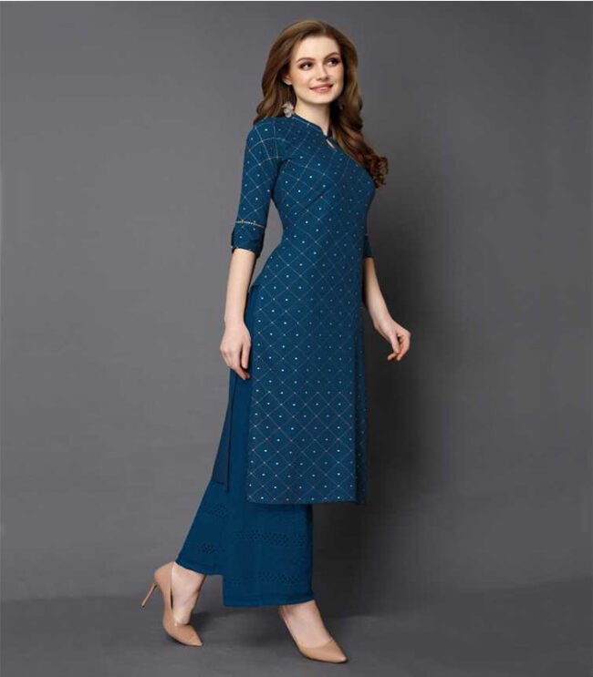 Saras Women Printed Rayon Straight Kurta  (Dark Blue) - Image 3