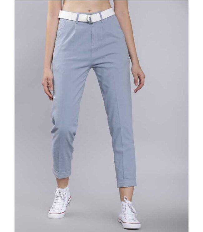 Regular Fit Women Blue Cotton Lycra Blend Trousers
