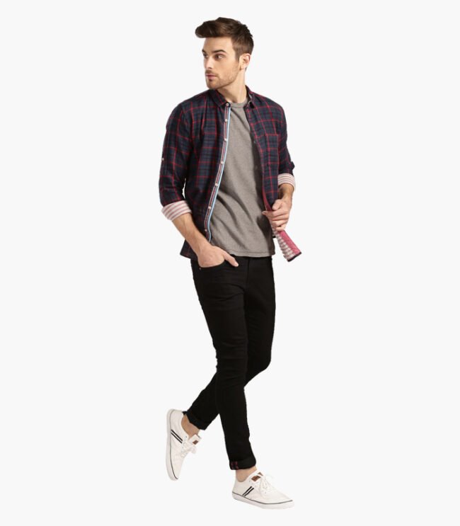 Men Navy & Red Checked Slim Fit Casual Shirt - Image 4