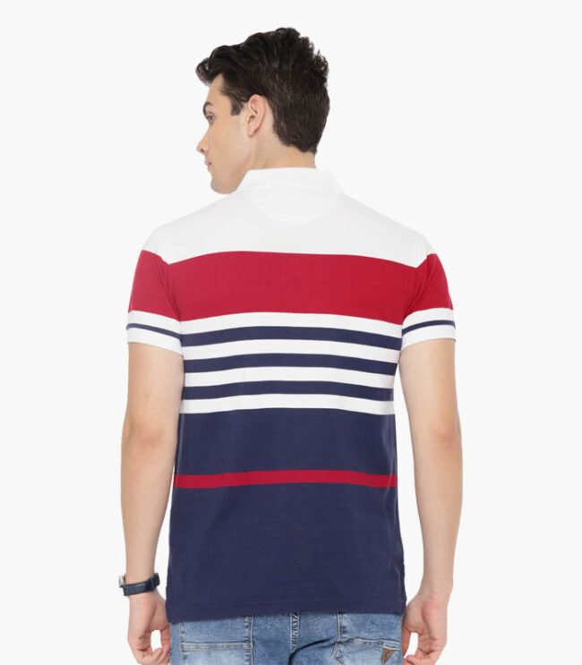 Men White & Navy Blue Striped Polo T-shirt - Image 2