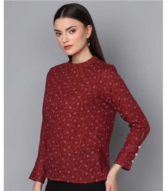 Casual Full Sleeve Floral Print Women Maroon Top - Image 2