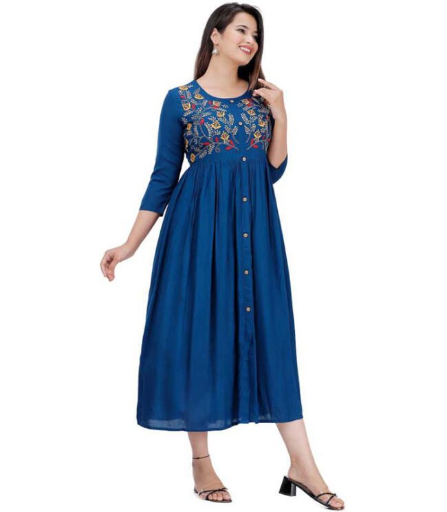 D Fashion Women Embroidered Rayon Flared Kurta  (Light Blue) - Image 3