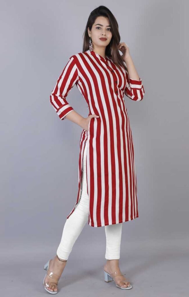 Women Striped Cotton Rayon Blend Straight Kurta - Image 2