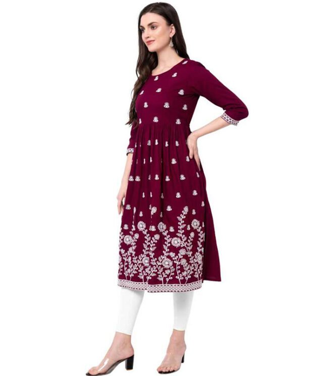 Purvi Women Embroidered Rayon Flared Kurta (Purple) - Image 3