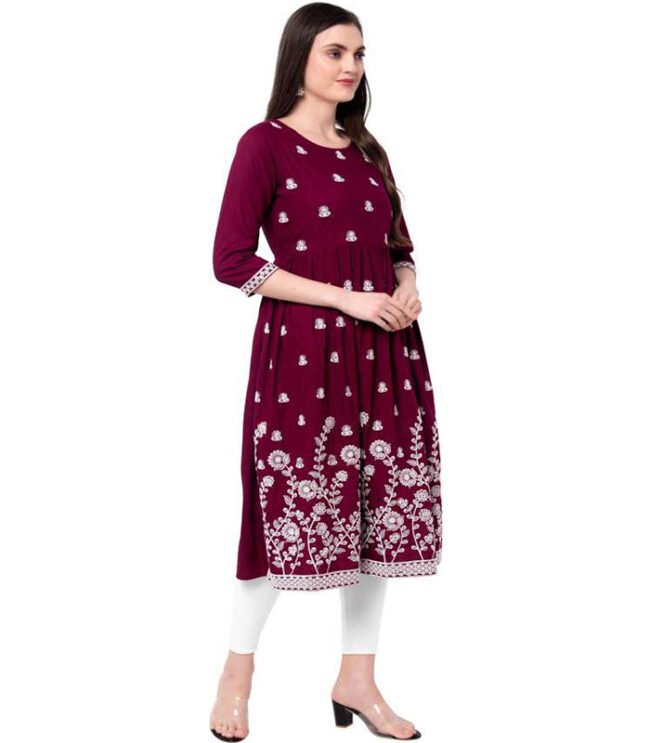 Purvi Women Embroidered Rayon Flared Kurta (Purple) - Image 5