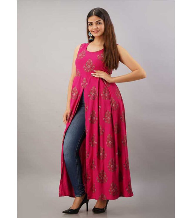 Shobha Women Floral Print Rayon Frontslit Kurta  (Pink) - Image 3