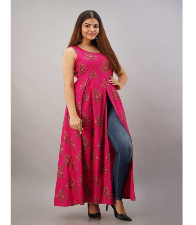 Shobha Women Floral Print Rayon Frontslit Kurta  (Pink) - Image 4